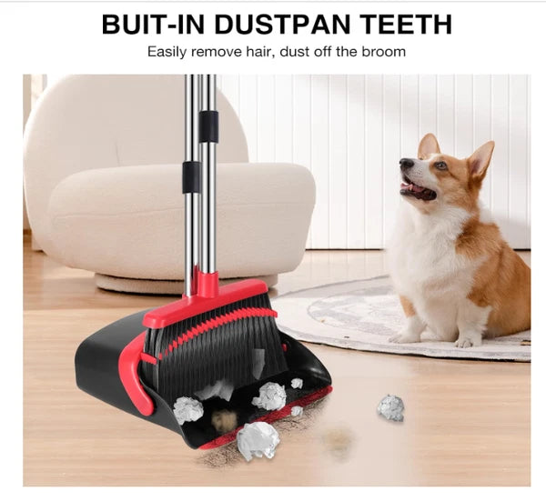 Broom and Dustpan Set 52 Inch Long Handle with Teeth Hair Removal Floor Cleaning