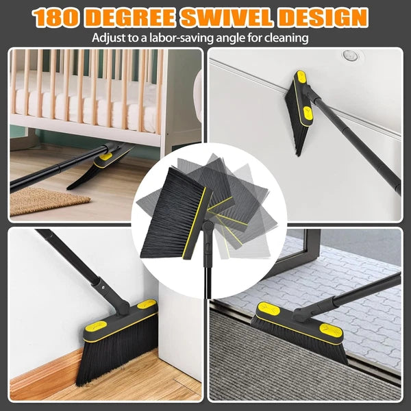Broom and dustpan set, long-handled rotating brush head,upright foldable dustpan