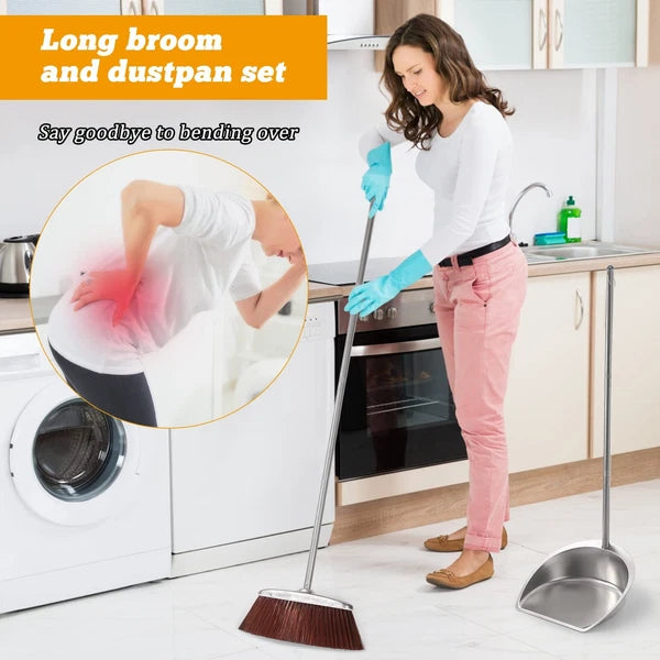 Broom and Dustpan Set Long Handle Heavy Duty Upright Windproof for Home Office