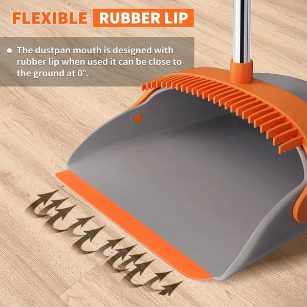 Upgraded Broom and Dustpan Set, 52" Long Handle Standing Combo with Self-Clea...