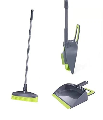 Adjustable Rubber Push Broom & Dustpan Set, Self-Cleaning, Long Handle