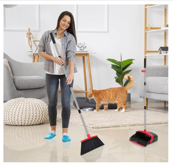 Broom and Dustpan Set 52 Inch Long Handle with Teeth Hair Removal Floor Cleaning