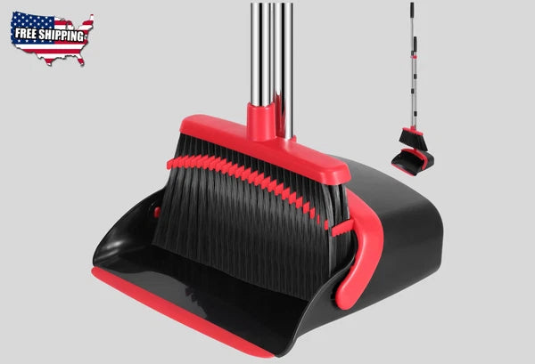 52in Long Handle Broom & Dustpan Set for Floor Cleaning (Black&Red)