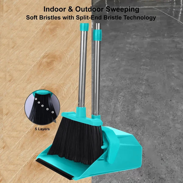 Upgrade Broom And Dustpan Set With 51'' Long Handle Large Upright Brooms And Dus