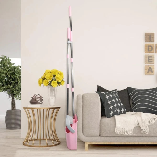 Broom and Dustpan Set, Long Handle Combo for Home, Kitchen, Office (Gray Pink)