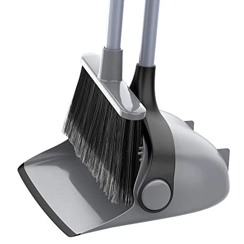 Broom and Dustpan Set with Adjustable Long Handle, Upright Combo for Gray