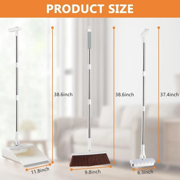 Long Handle Broom & Dustpan Set with Lint Roller for Indoor/Outdoor Use