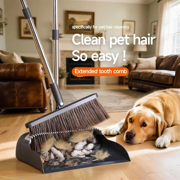 Broom Dustpan 51.6" Adjustable Long Handle 2 Replaceable Head Standing Set Lobby