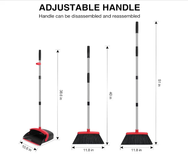 Broom and Dustpan Set 52 Inch Long Handle with Teeth Hair Removal Floor Cleaning
