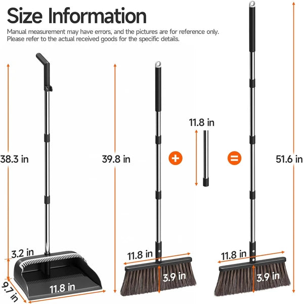 Broom Dustpan 51.6" Adjustable Long Handle 2 Replaceable Head Standing Set Lobby