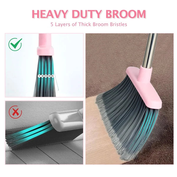 Broom and Dustpan Set, Long Handle Combo for Home, Kitchen, Office (Gray Pink)