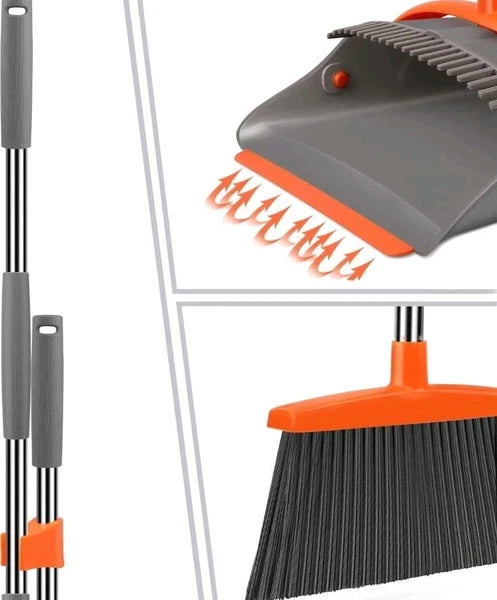 Dust pan and Broom Set with 50' Long Handle House Standing Dustpan Combo Upright