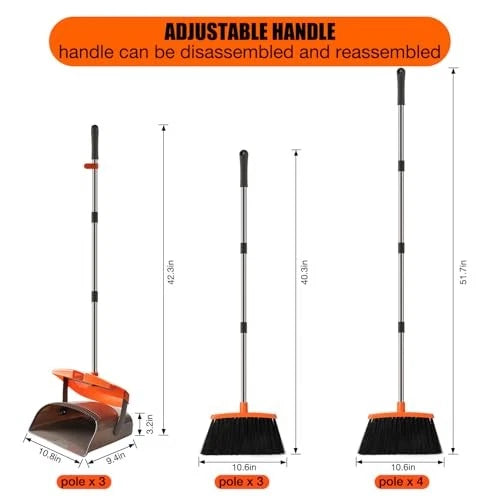 Broom and Dustpan Set with Long Handle, Windproof Stand Up Dustpan with Broom