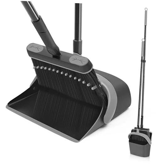 Broom and Dust Pan, 54.3 inches Long Handle Swivel Brush, Upright Black & Gray