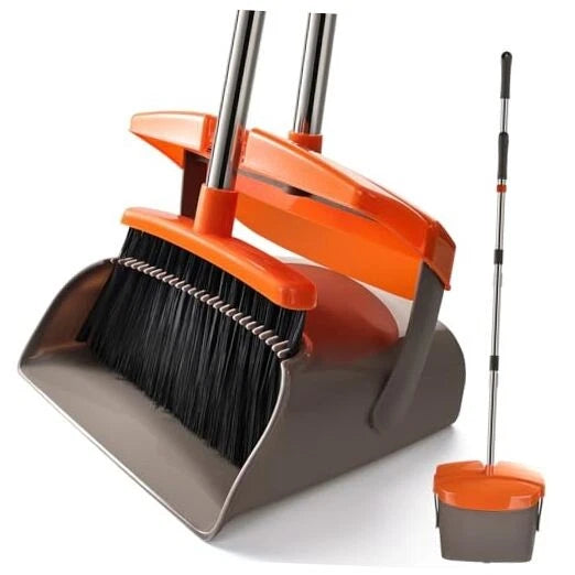 Broom and Dustpan Set with Long Handle, Windproof Stand Up Dustpan with Broom