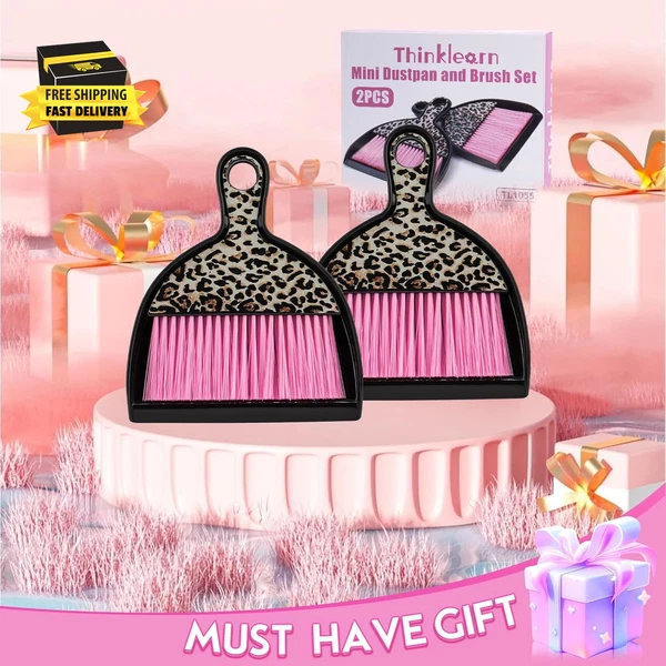 2PCS Mini Dustpan and Brush Set, Small Broom and Dustpan Set with Pink Leopard P