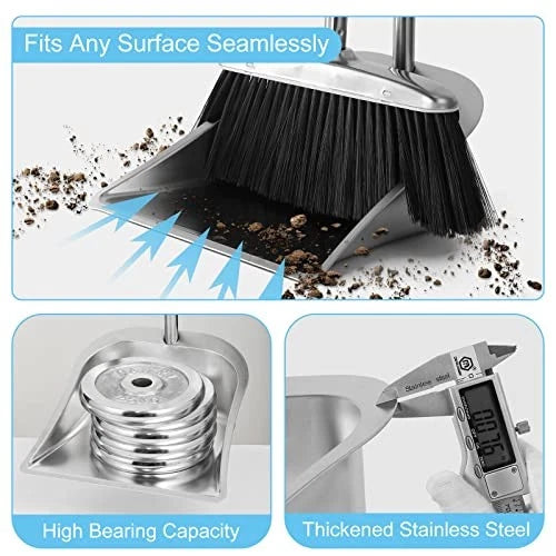 Heavy Duty Broom and Dust pan Set, Stainless Steel Black Broom and Dustpan Set