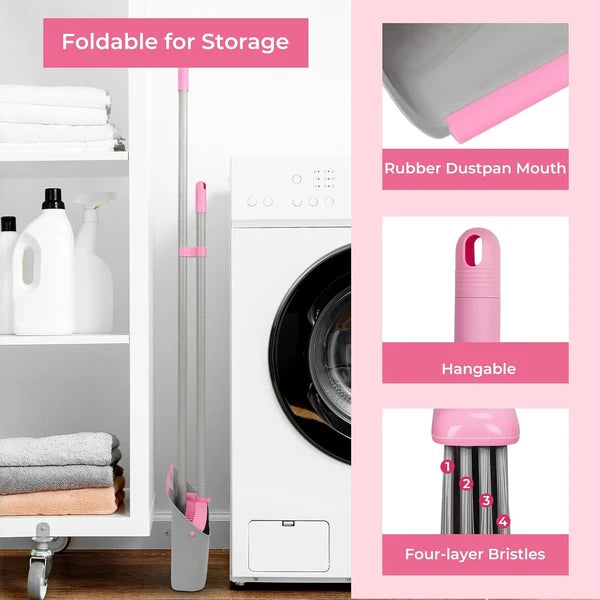 Pink Broom with Dustpan Combo Set,52" Brooms for Sweeping Indoor Broom and Dustp