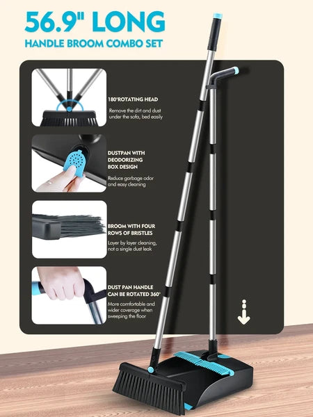 Broom and Dust Pan Combo,Steel Broom and Dustpan Set for Home,Dust Pan with 56.9