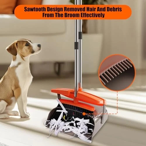 Broom and Dustpan Set with Long Handle, Windproof Stand Up Dustpan with Broom