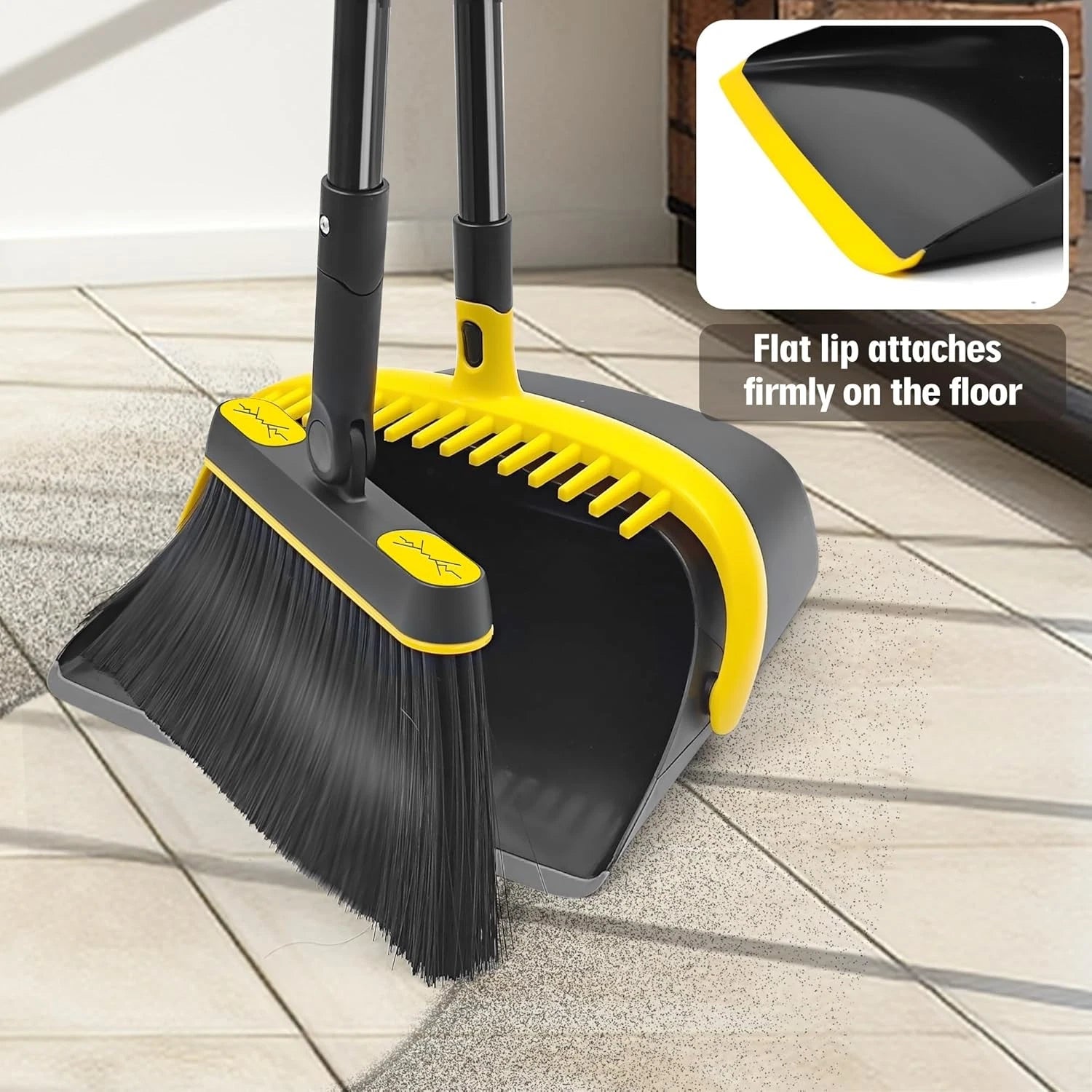 Broom and dustpan set, long-handled rotating brush head,upright foldable dustpan