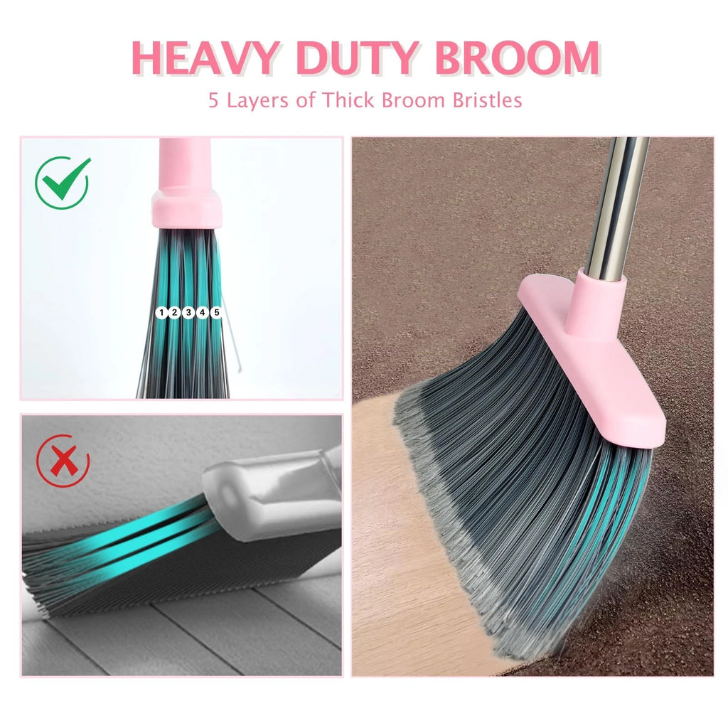 Broom and Dustpan Set, Long Handle Combo for Home, Kitchen, Office (Gray Pink)