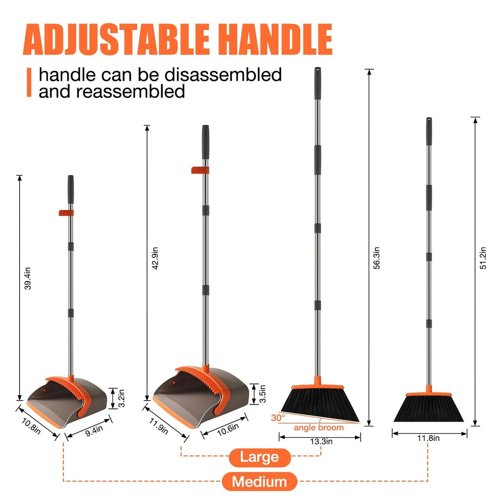 Upgrade Durable Broom and Dustpan Set with 52"Adjustable Long Handle Stand Combo