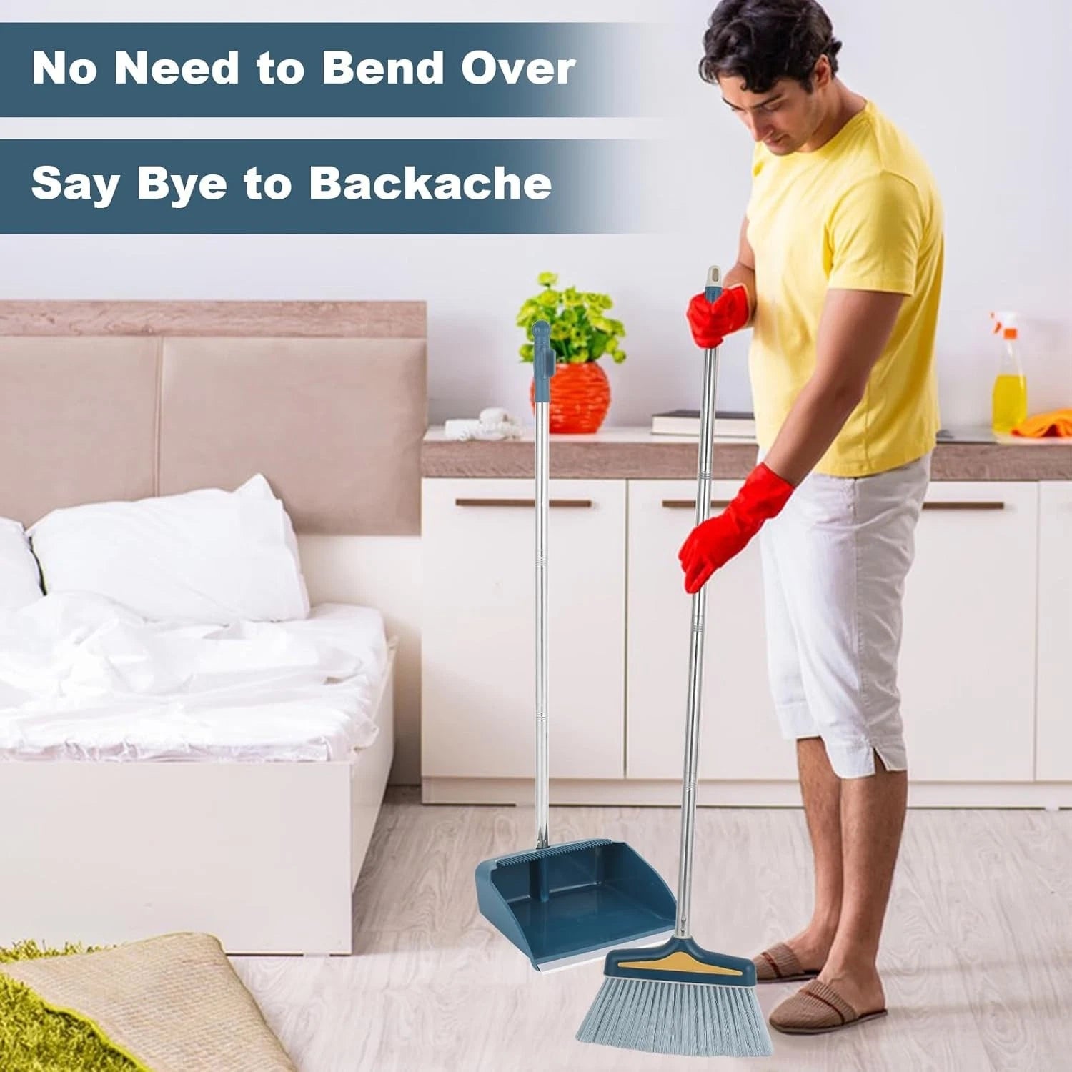 Broom with Dustpan Combo Set,Long Handle Broom and Sturdy Wide Dust Pan for Home