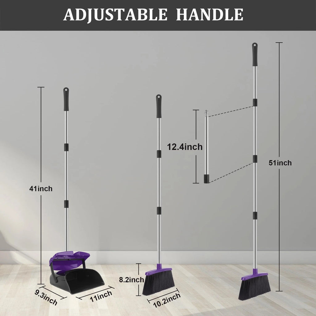 Broom and Dustpan Set 51"Long Handle with Combo Windproof and Self-Cleaning