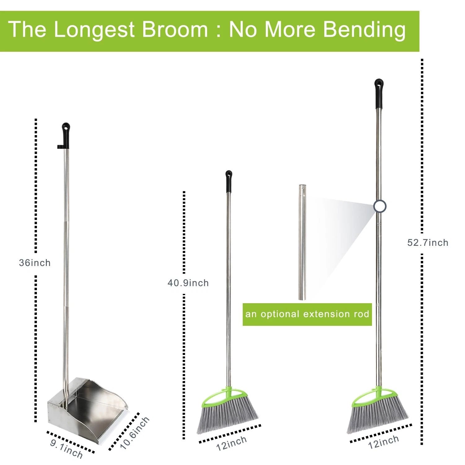 Heavy Duty Broom and Dustpan Set Metal Stand Up Pan with Stiff Bristle Brush
