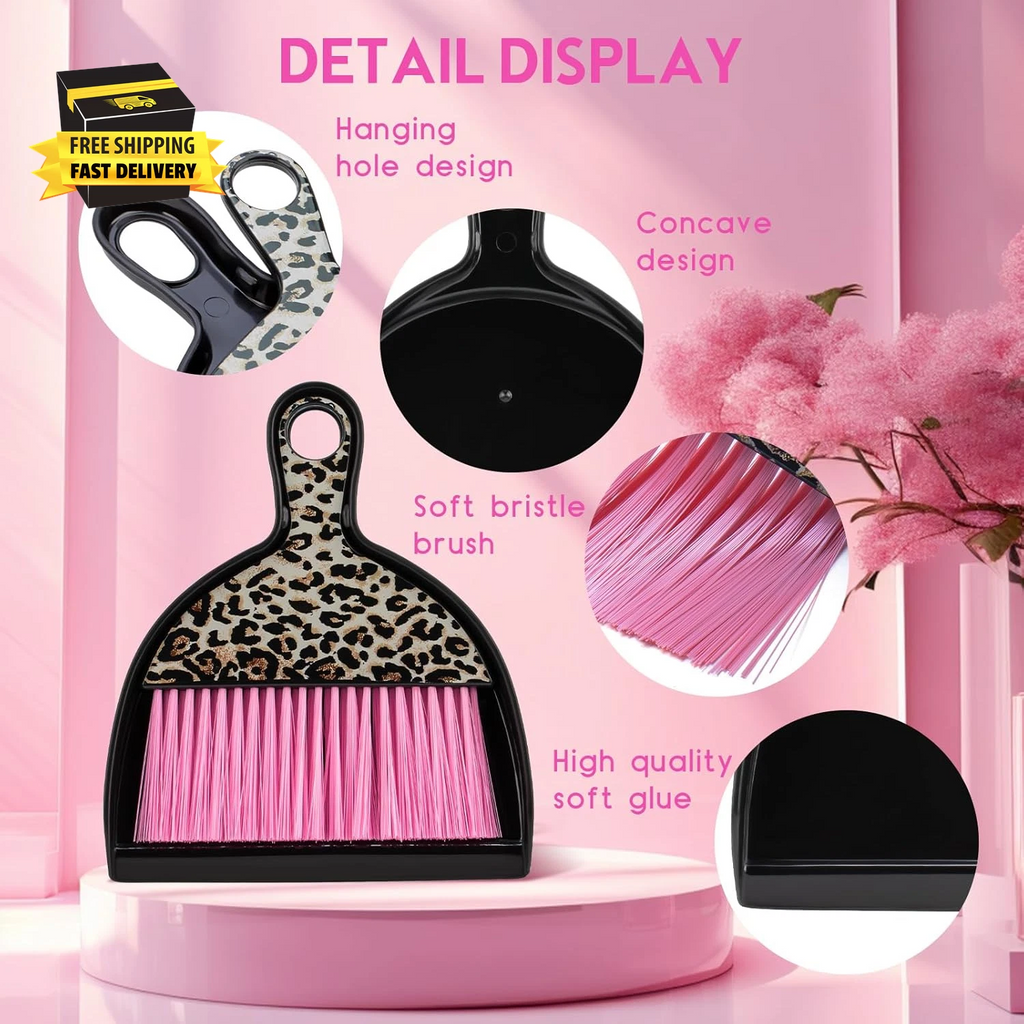 2PCS Mini Dustpan and Brush Set, Small Broom and Dustpan Set with Pink Leopard P