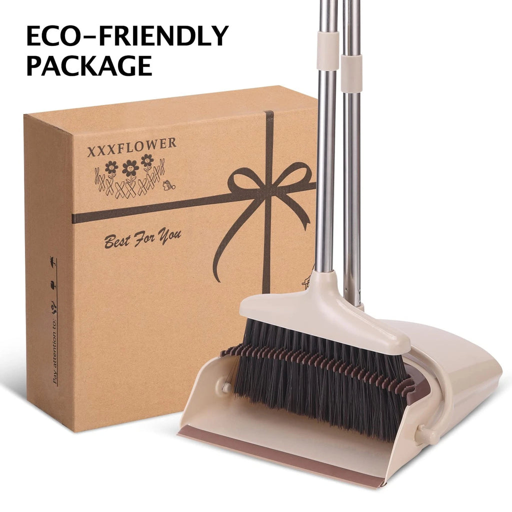 XXFLOWER Broom and Dustpan Set with Long Handle, Light Weight Stainless Steel...