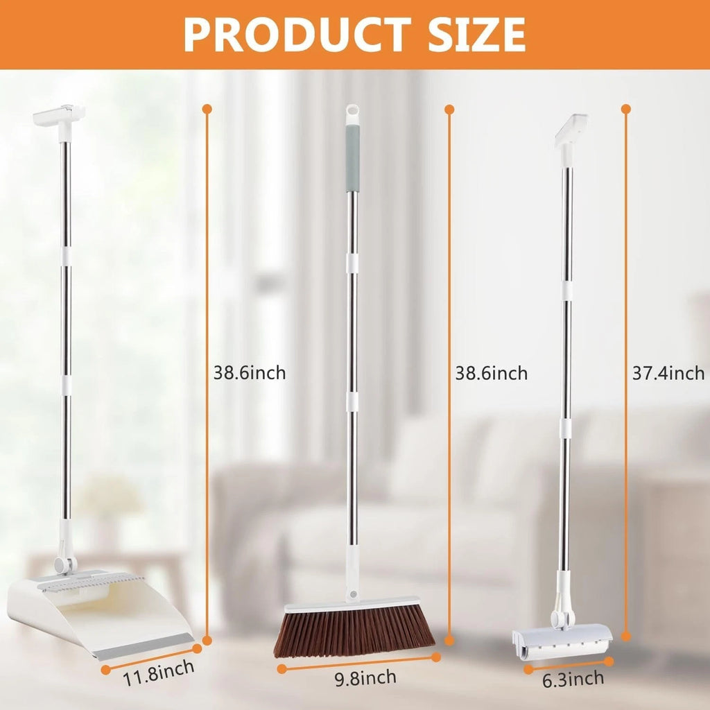 Long Handle Broom & Dustpan Set with Lint Roller for Indoor/Outdoor Use