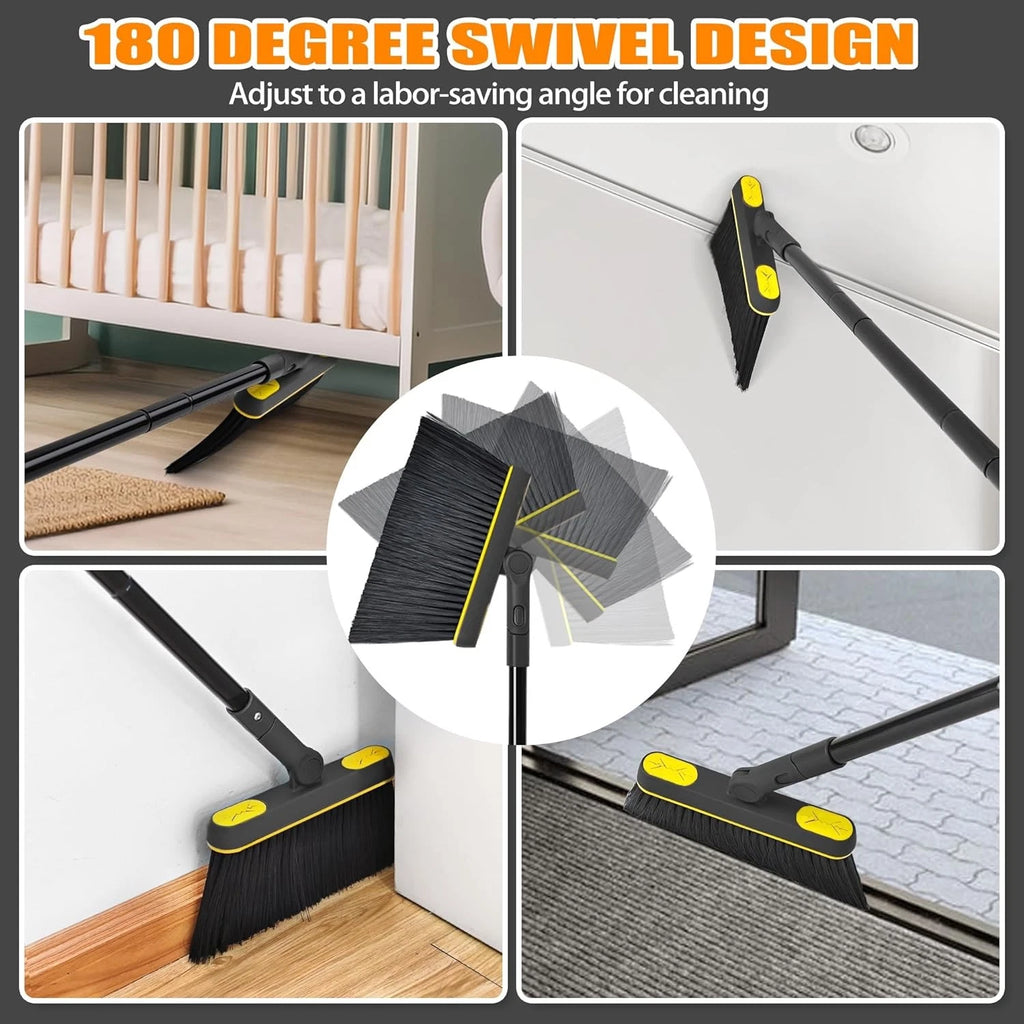 Broom and dustpan set, long-handled rotating brush head,upright foldable dustpan