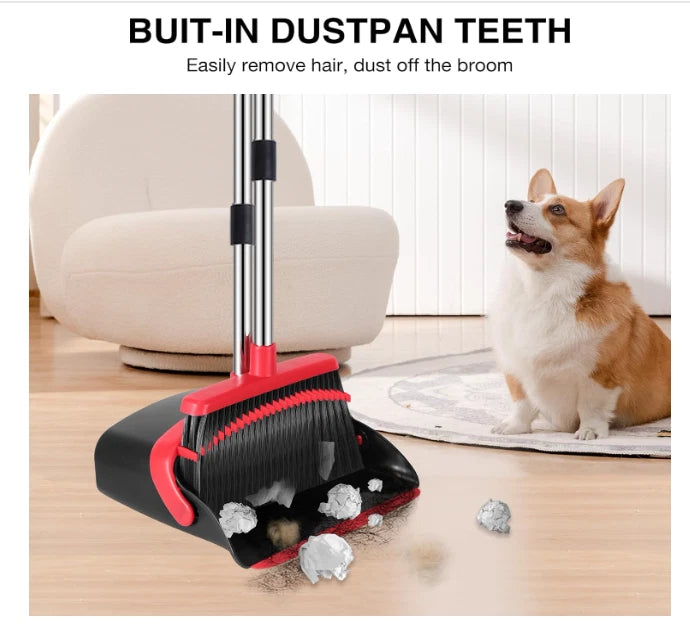 Broom and Dustpan Set 52 Inch Long Handle with Teeth Hair Removal Floor Cleaning
