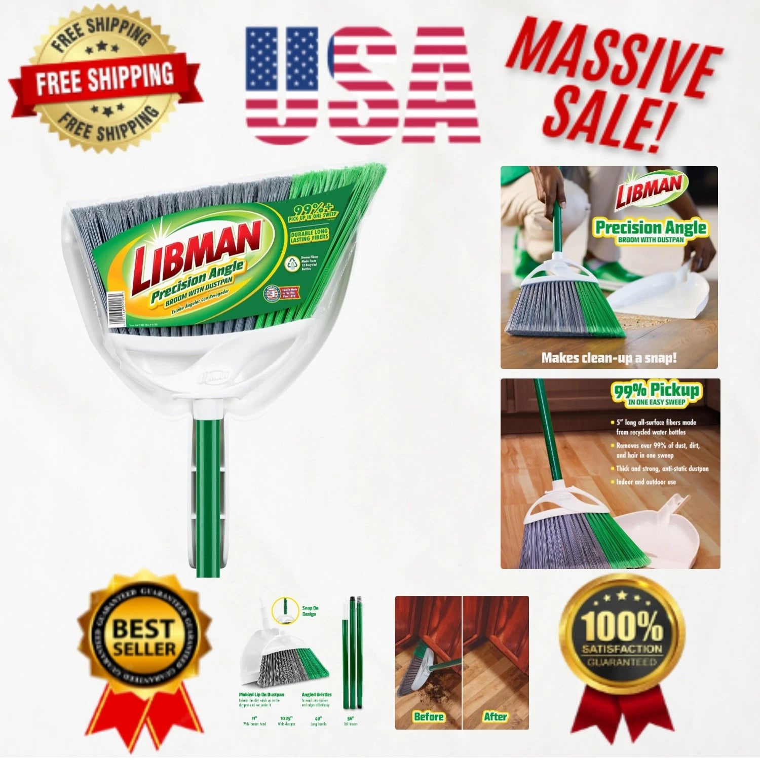 USA-Made Precision Broom & Dustpan Set - Flagged Bristles for Tough Dirt Removal