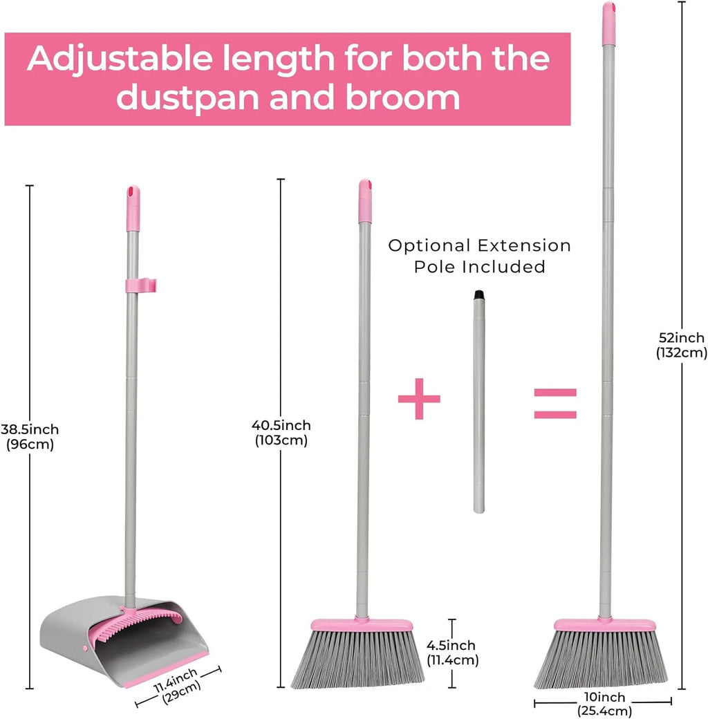 Pink Broom with Dustpan Combo Set，52" Brooms for Sweeping Indoor Broom and Dustp