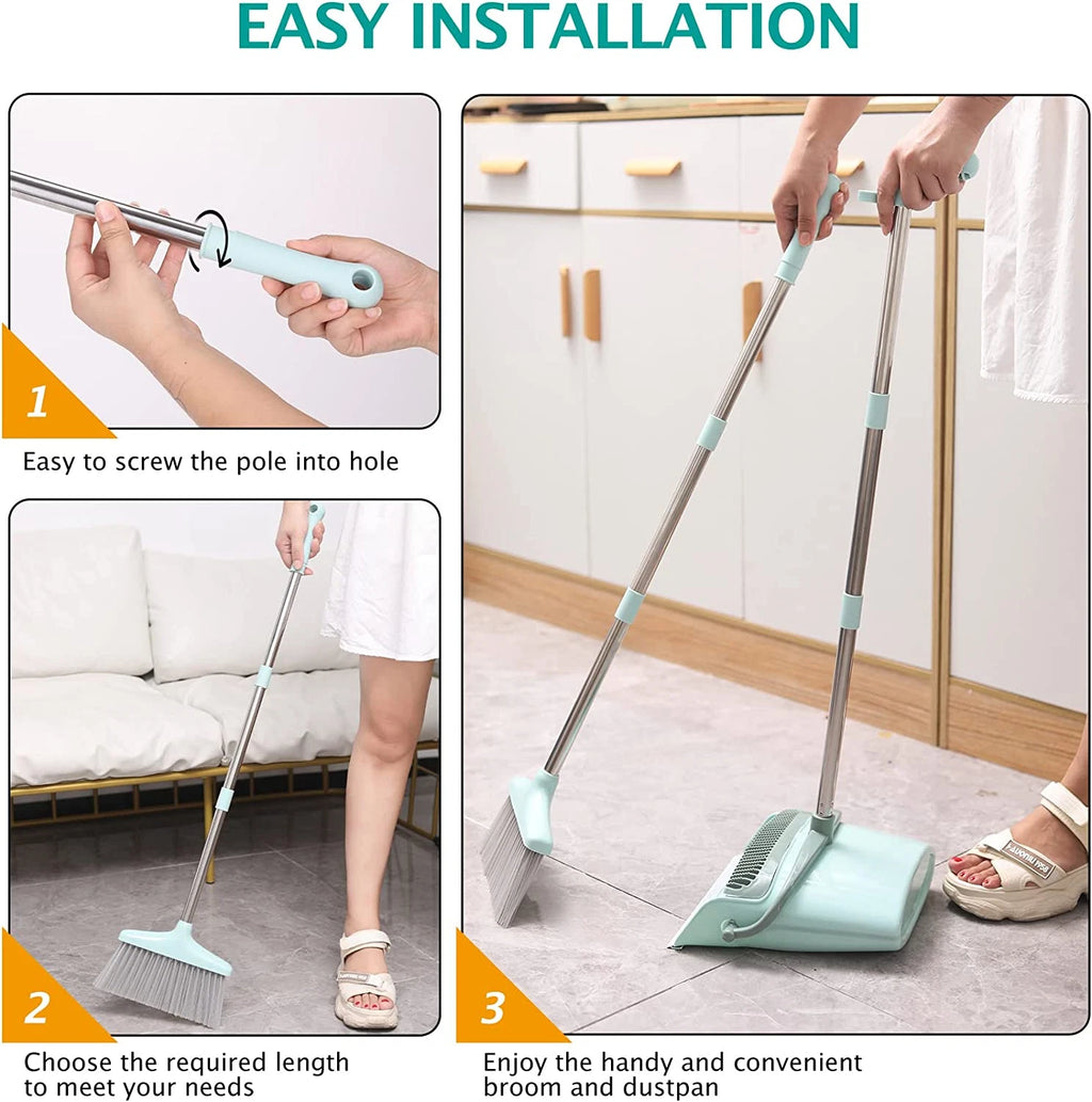XXXFLOWER Broom and Dustpan Set for Home, Broom with Dustpan Cleaning Teeth Comb