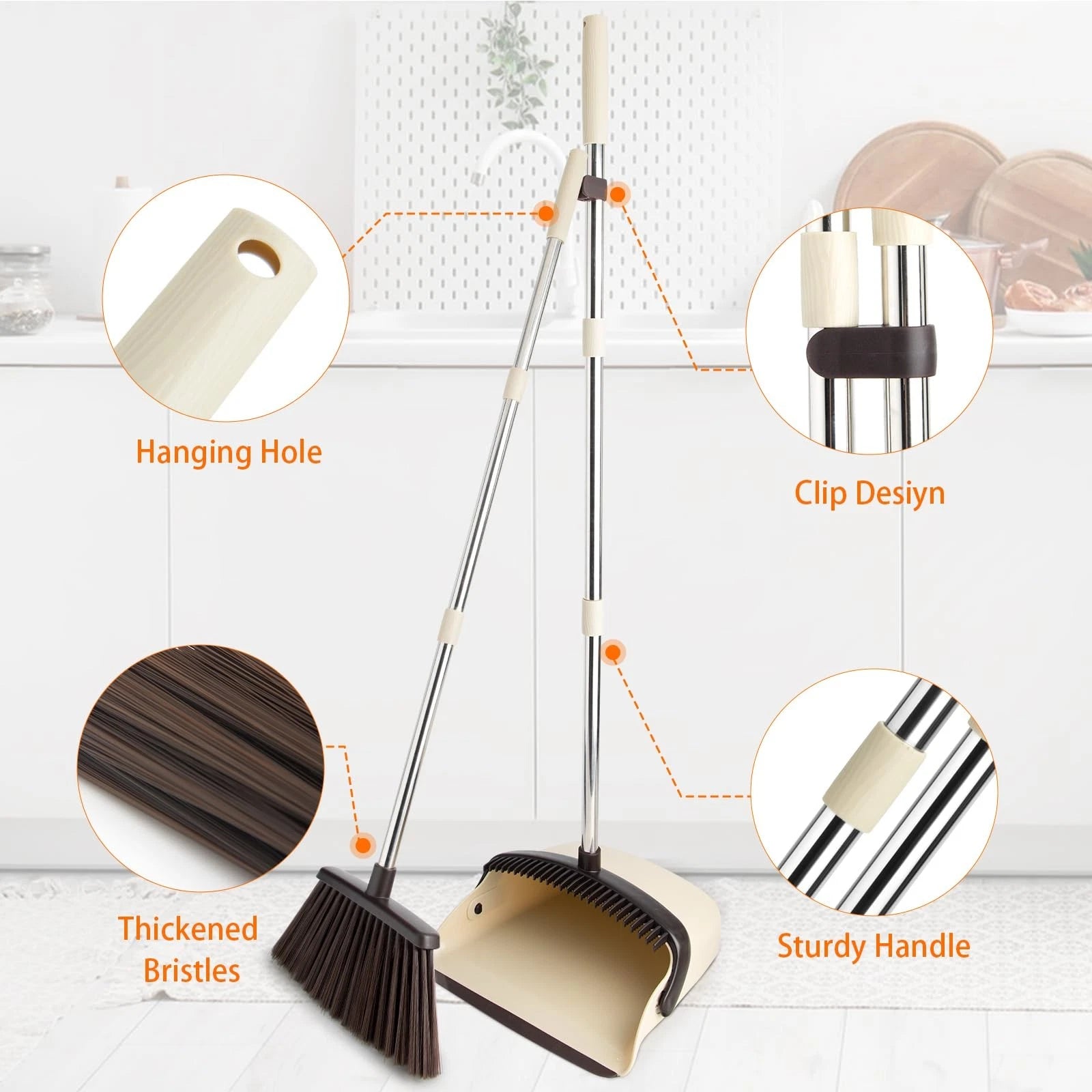 Broom and Dustpan Set Dustpan Combo with 51" Stainless Steel Long Handle Broo...