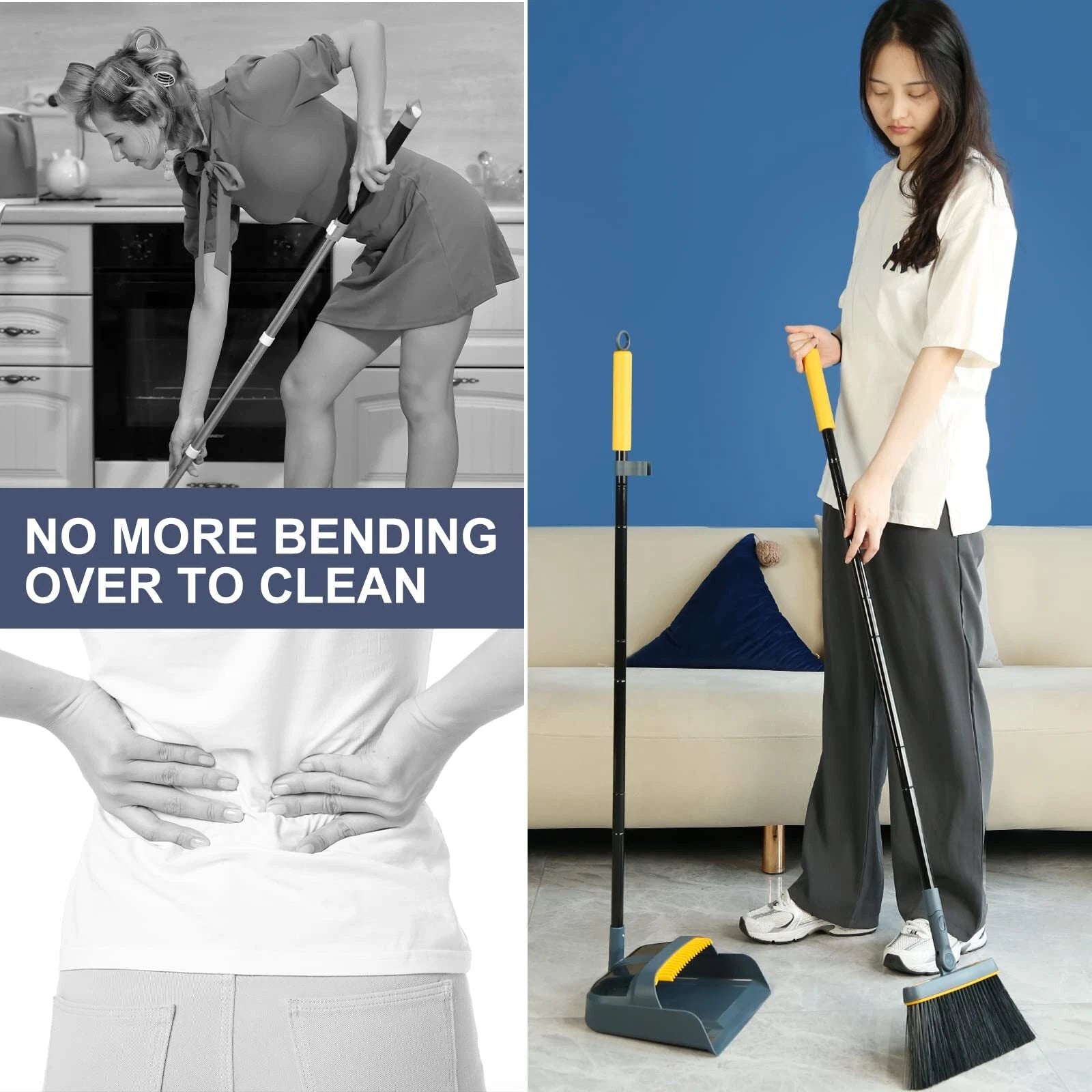 Broom and Dustpan Set 54 Inches Long Handle 180° Rotating Upright Standing