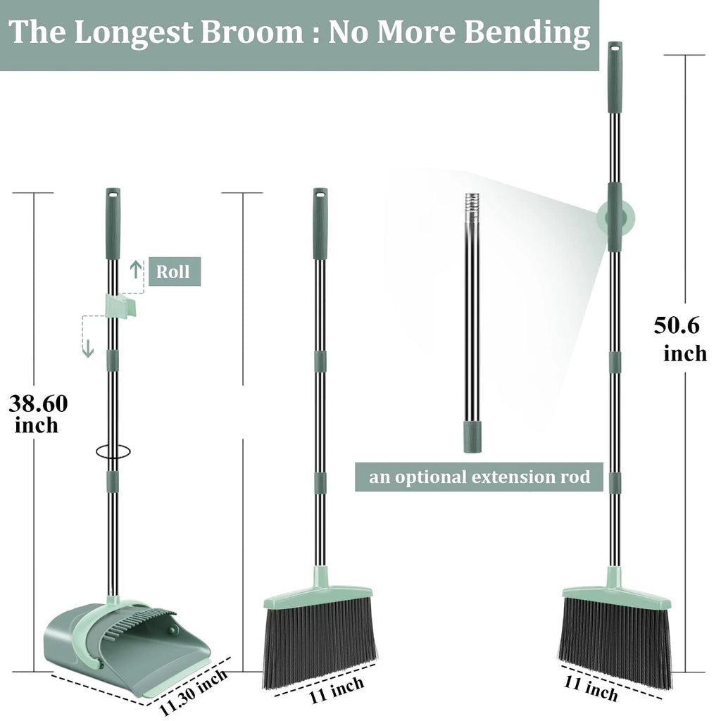 Broom and Dustpan Set for Home with Long Handle Comb Dustpan(Jade Green)