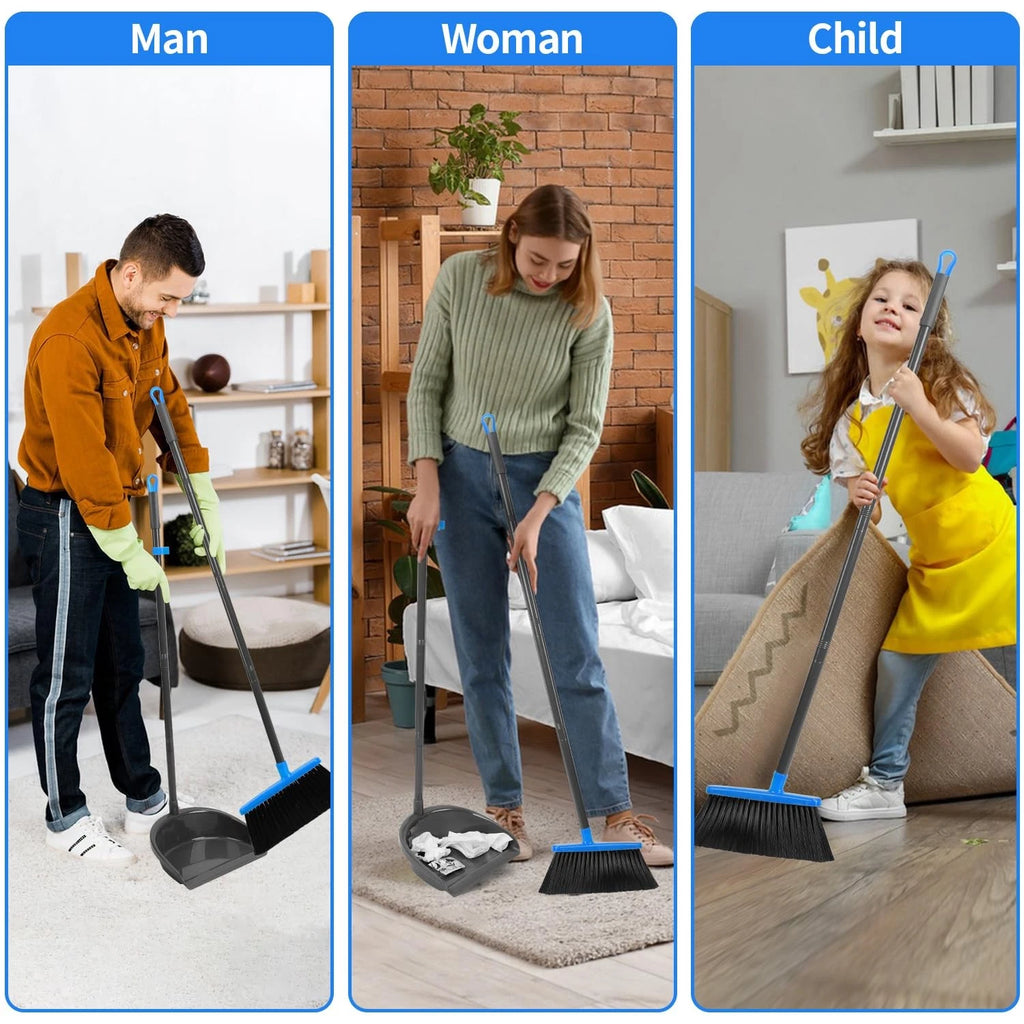 Broom and Dustpan Set ，Long Handle Broom with Upright Standing Dust pan for I...