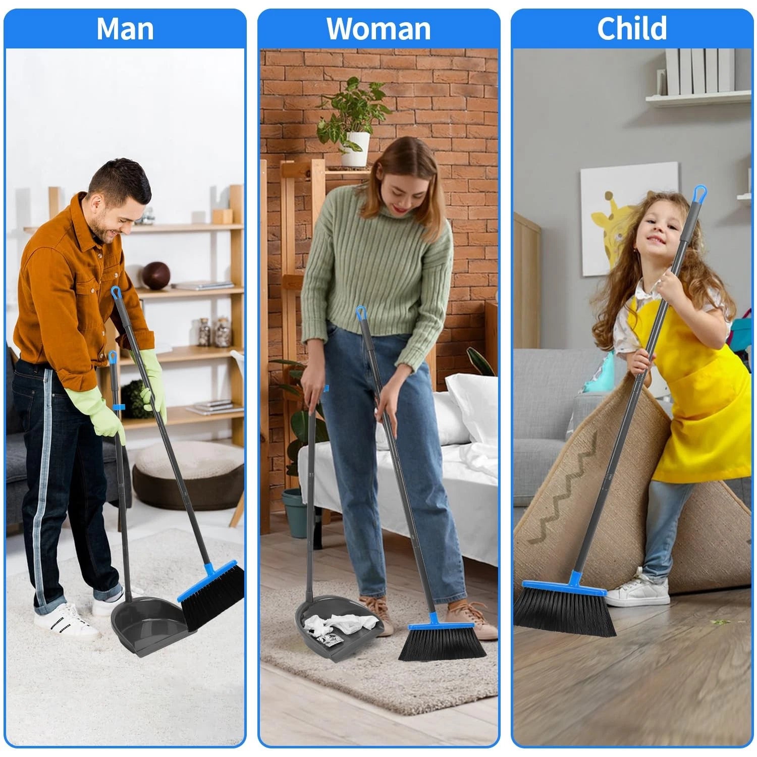 Broom and Dustpan Set ，Long Handle Broom with Upright Standing Dust pan for I...