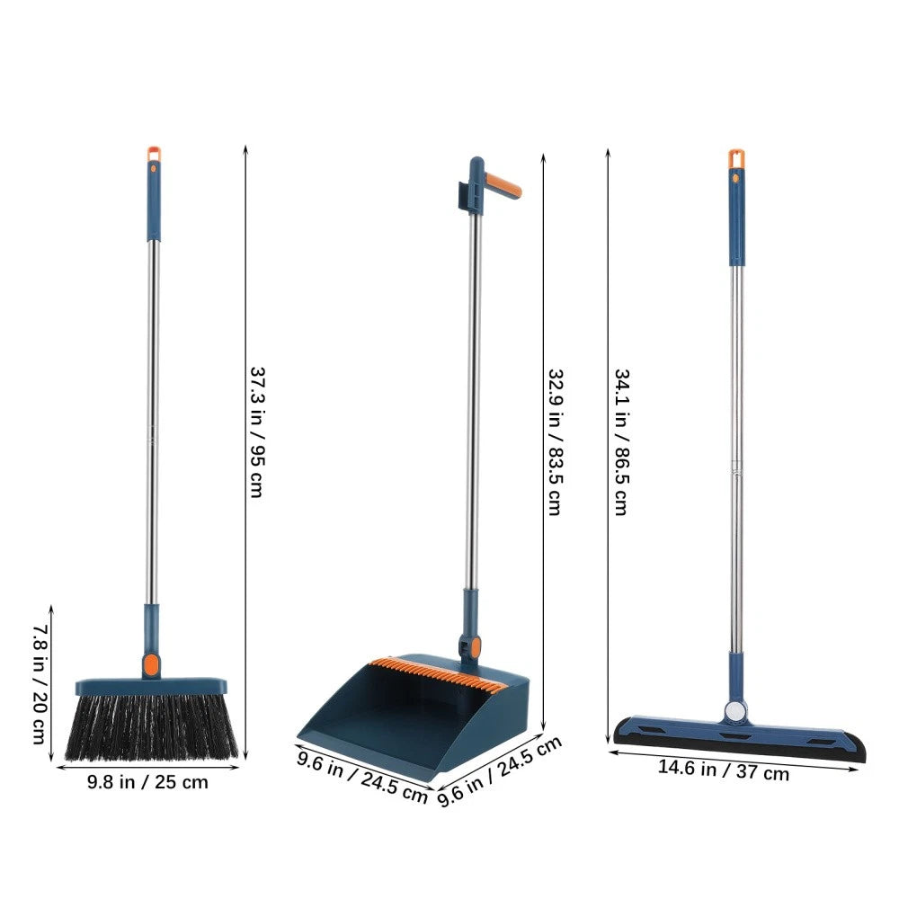 3x Adjustable Long Handle Dustpan and Brush Dust Pan and Broom with Broom Holder