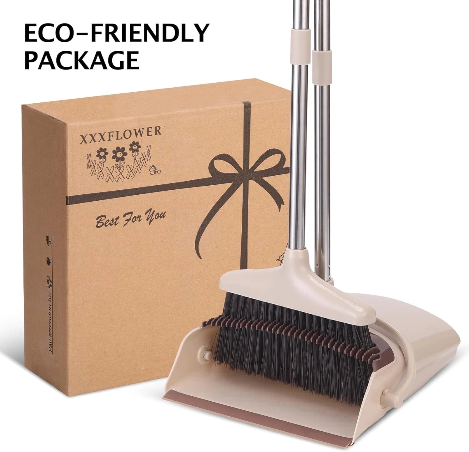 Long Handle Broom and Dustpan Set - Lightweight Stainless Steel, Brown & Beige
