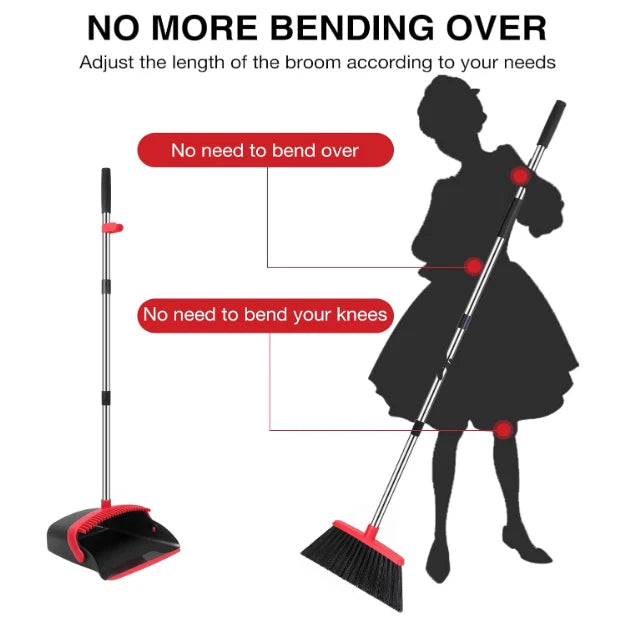 Broom and Dustpan Set 52 Inch Long Handle with Teeth Hair Removal Floor Cleaning