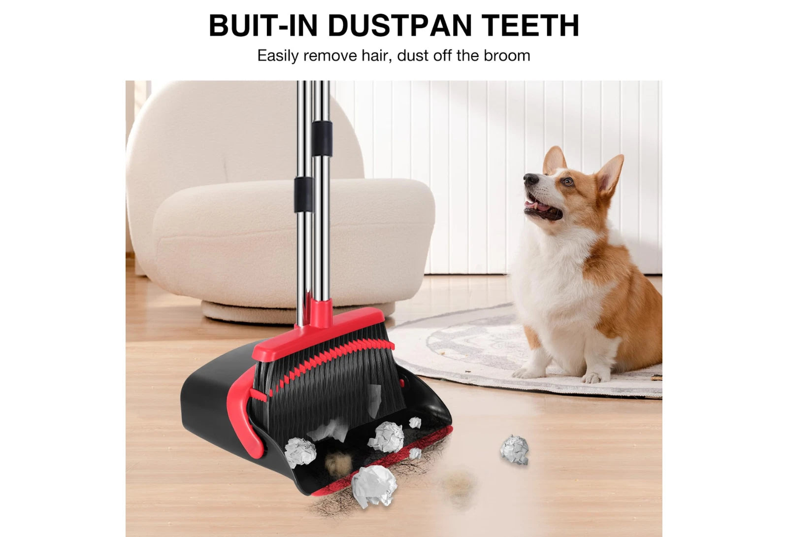 52in Long Handle Broom & Dustpan Set for Floor Cleaning (Black&Red)