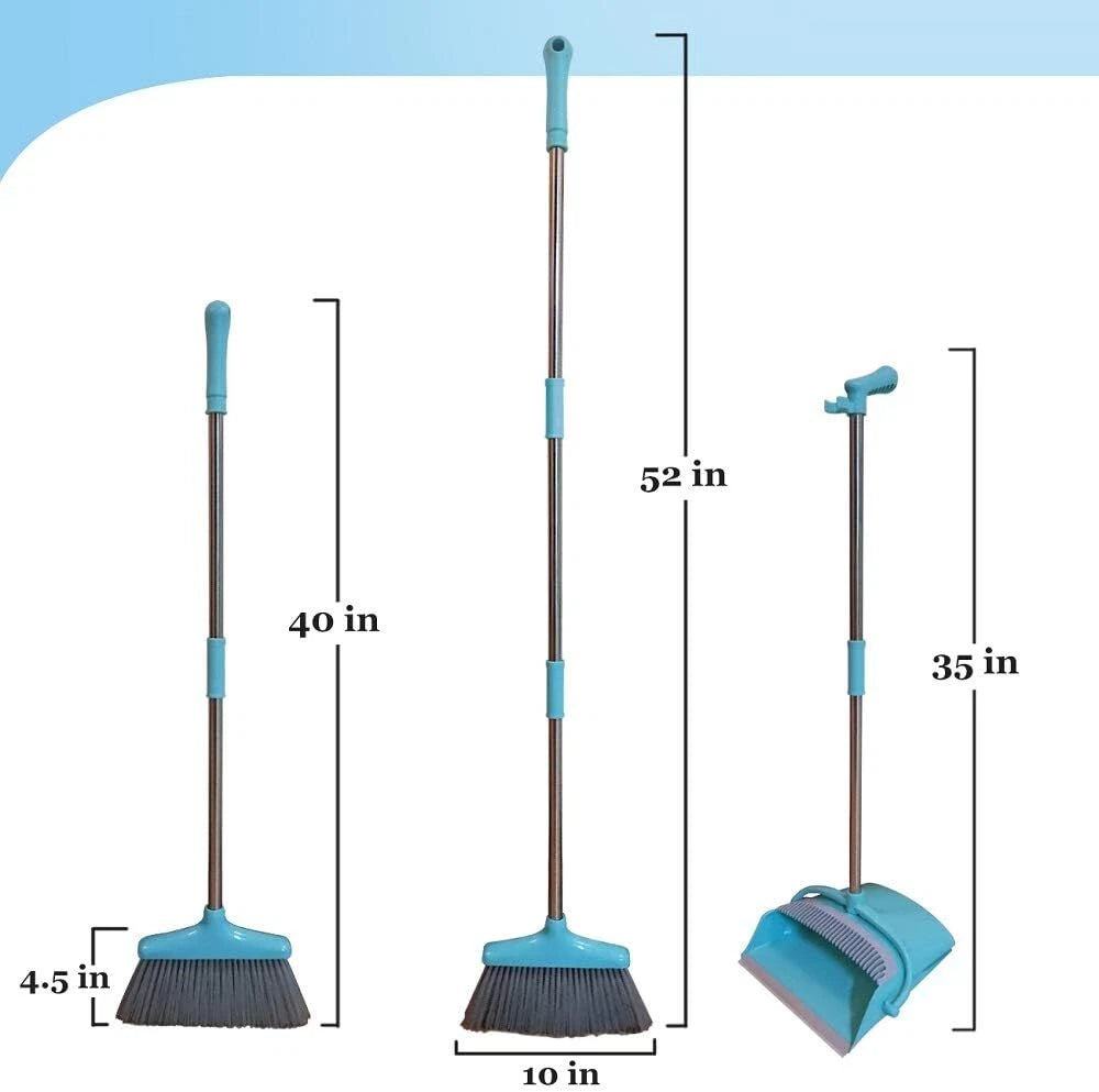 Broom and Dustpan Set Lightweight Upright Lobby Dust Pan Combo Blue