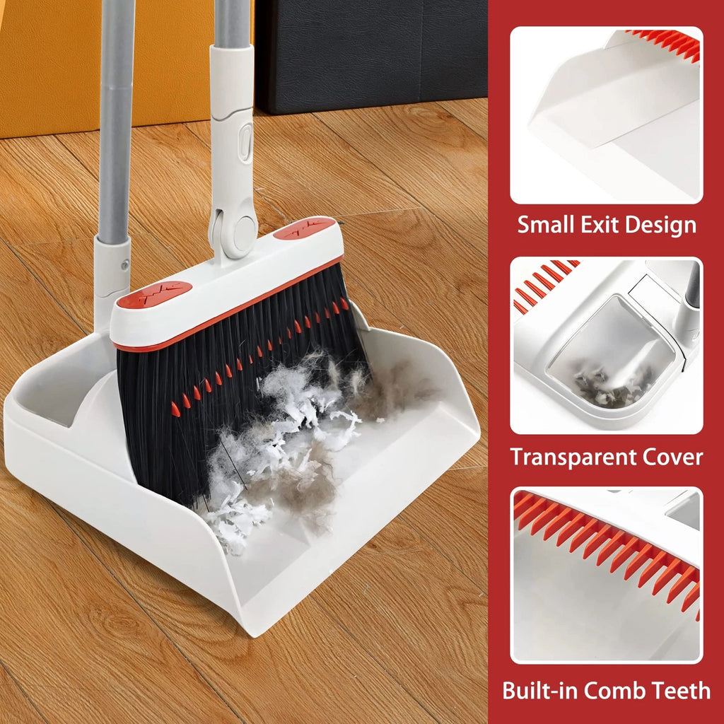 Broom and Dustpan Set Long Handle Lightweight 180° Rotating Upright Standing