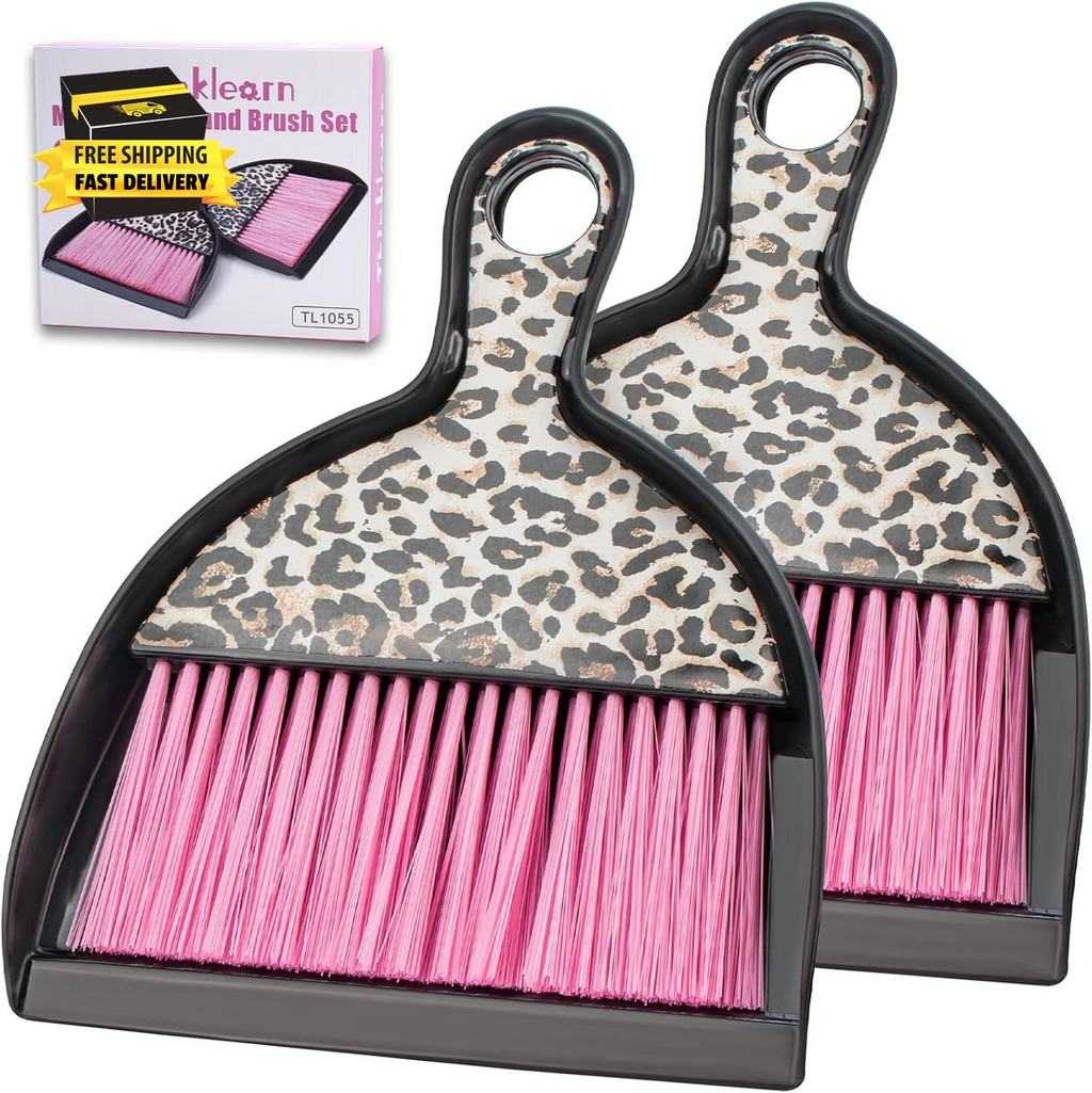 2PCS Mini Dustpan and Brush Set, Small Broom and Dustpan Set with Pink Leopard P